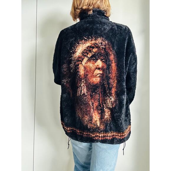 Vintage 90s Fleece Bomber Jacket XL Indian Chief Bear Ridge Unisex Cozy USA - Picture 6 of 11